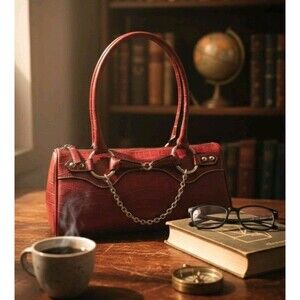 Dark Academia Red Croc Satchel | Office Siren Structured Vegan Leather Tote Bag